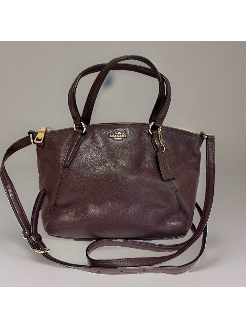 Coach Mini Kelsey Pebbled Leather Burgundy Satchel Crossbody Bag Purse F57563
